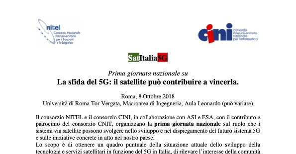 Evento SatItalia 5G – 8 ottobre 2018 h 9.30